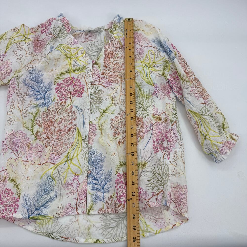 HESTER & ORCHARD Linen Blend Blouse Size S Pastel Flora 3/4 Sleeve V-Neck Ruffle - Picture 7 of 7